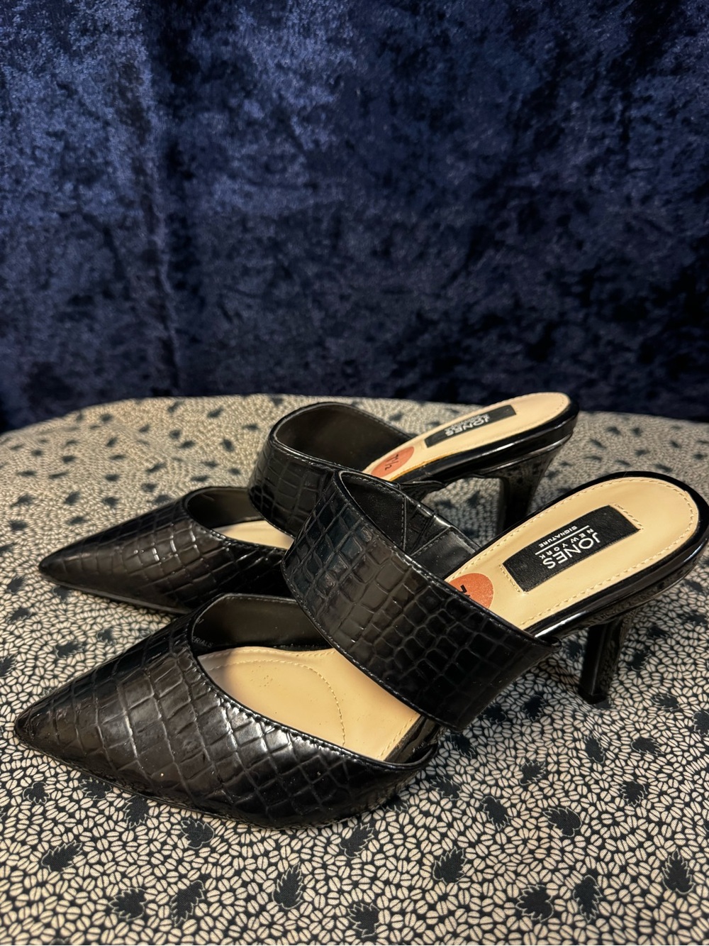 Jones New York Black Croc-Embossed Pointed Mule Heels